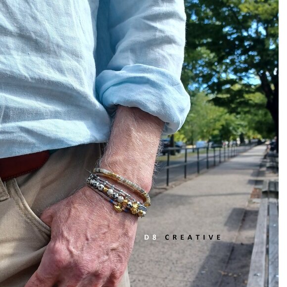 New men's natural dalmatian jasper  with  stainless  steel bracelet - Picture 1 of 5